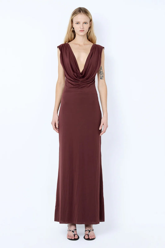 Brigitte Cowl Maxi Dress in Blackberry by Bec + Bridge – backless stretch jersey maxi with deep cowl neckline.