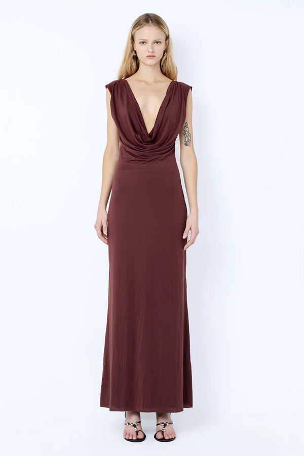 Brigitte Cowl Maxi Dress in Blackberry by Bec + Bridge – backless stretch jersey maxi with deep cowl neckline.