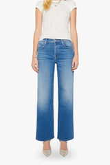 The Rerun Sneak Kissing The Caddy by MOTHER, wide leg denim with high rise fit and faded blue wash, relaxed everyday jeans for casual styling.