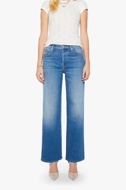 The Rerun Sneak Kissing The Caddy by MOTHER, wide leg denim with high rise fit and faded blue wash, relaxed everyday jeans for casual styling.