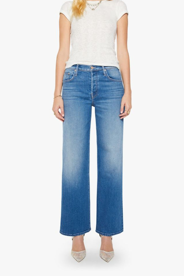The Rerun Sneak Kissing The Caddy by MOTHER, wide leg denim with high rise fit and faded blue wash, relaxed everyday jeans for casual styling.