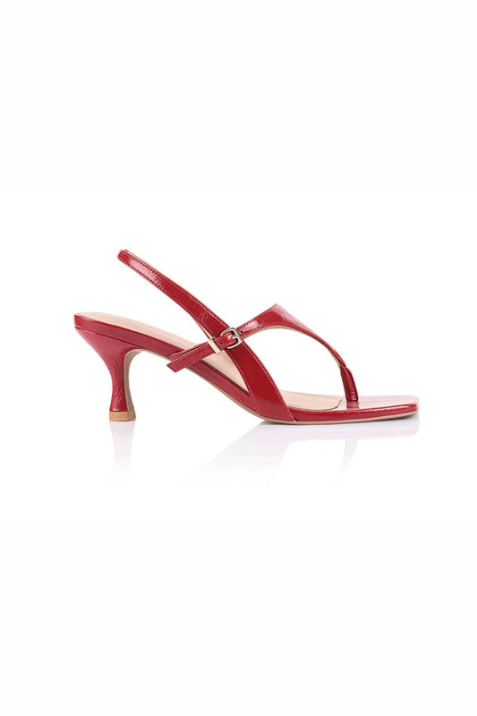 Jemima Sandal in Red Leather by Lana Wilkinson, a slingback thong heel with square toe and 6.5cm heel height.