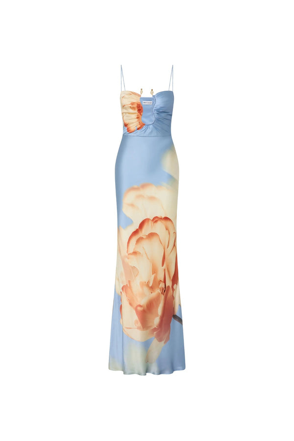 Perez Maxi Dress by Rebecca Vallance, a floral silk gown with gold U-wire and bodice cut-outs. Perfect for weddings and formal events.