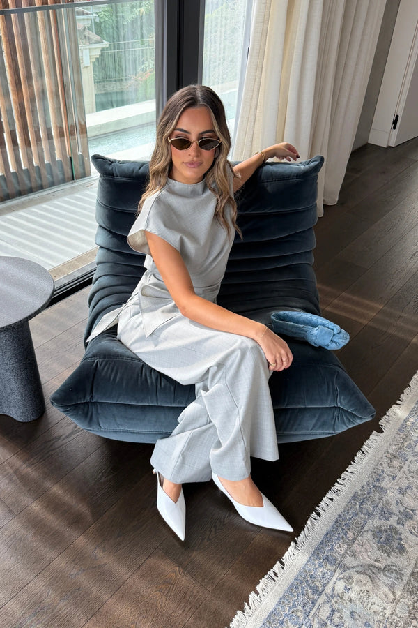 Ella Squire High Neck Suiting Top Grey