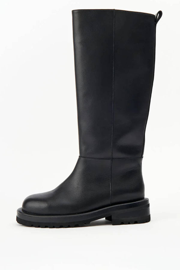 Silvie in Black Leather by Alias Mae, a knee-high riding boot with round toe, 40cm shaft and low 4.3cm heel.