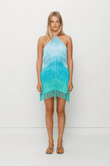 Wilde Fringe Mini Dress Black by The Wolf Gang, a dramatic zig-zag fringe mini with asymmetrical hem. Perfect for cocktails or festival nights.
