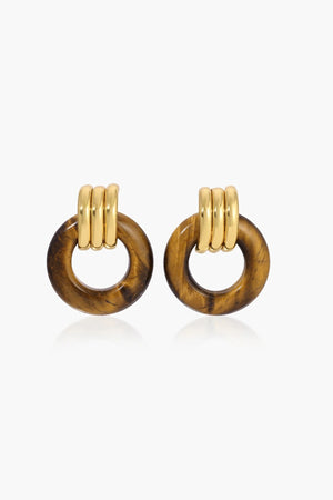 Luma Knot Earrings Gold/Tiger’s Eye by Heaven Mayhem, 18k gold PVD-plated knot earrings with natural Tiger’s Eye stone.