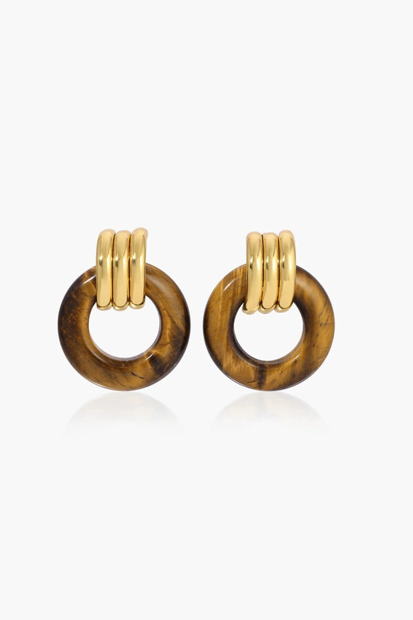 Luma Knot Earrings Gold/Tiger’s Eye by Heaven Mayhem, 18k gold PVD-plated knot earrings with natural Tiger’s Eye stone.