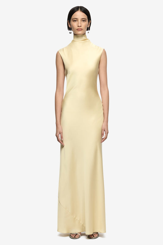 Elias Maxi Dress Butter by Bec + Bridge, cowl neck maxi dress with cap sleeves and backless detail. Perfect for events or elegant evenings.