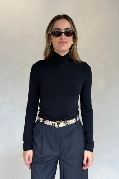 Eloise High V Neck Knit Top Black by Sneaky Link, slimming long sleeve knit for work or evening styling