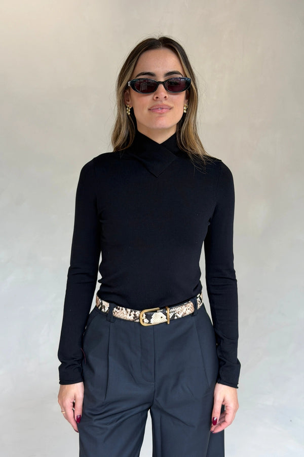 Eloise High V Neck Knit Top Black by Sneaky Link, slimming long sleeve knit for work or evening styling