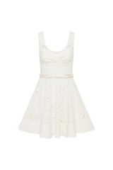 Nuvola Bustier Mini Dress Ivory by Rebecca Vallance – A chic broderie anglaise mini with sweetheart neckline, belted waist, and fitted bodice. Perfect for trendy daytime events or elegant summer parties.