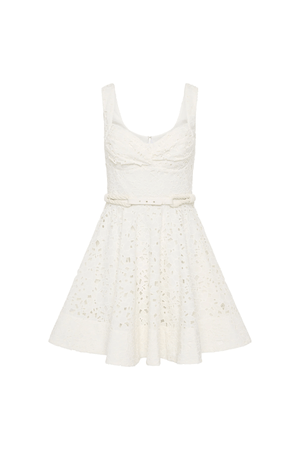 Nuvola Bustier Mini Dress Ivory by Rebecca Vallance – A chic broderie anglaise mini with sweetheart neckline, belted waist, and fitted bodice. Perfect for trendy daytime events or elegant summer parties.