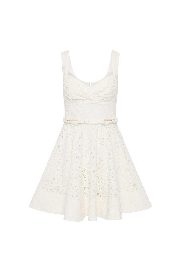 Nuvola Bustier Mini Dress Ivory by Rebecca Vallance – A chic broderie anglaise mini with sweetheart neckline, belted waist, and fitted bodice. Perfect for trendy daytime events or elegant summer parties.