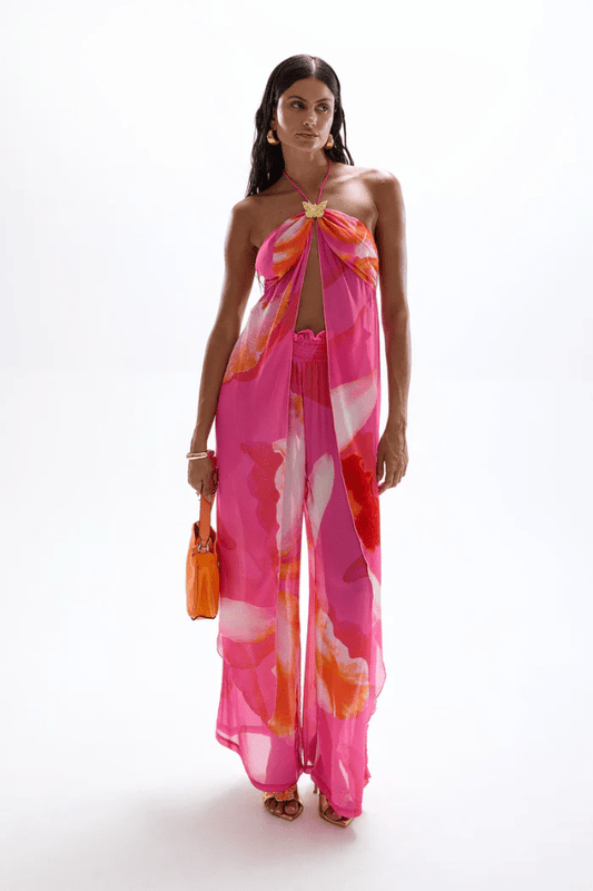 Coral Drape Top Wildflower by Cin Cin, delicate halter-neck with gold clasp and watercolor Wildflower print, perfect for trendy viral soirées and luxe poolside style.