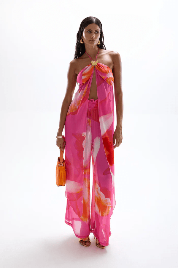 Coral Drape Top Wildflower by Cin Cin, delicate halter-neck with gold clasp and watercolor Wildflower print, perfect for trendy viral soirées and luxe poolside style.