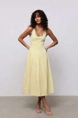 Cotton Mix Cinched Midi Dress Lemon by Odd Muse, structured midi dress with boned bodice and full skirt