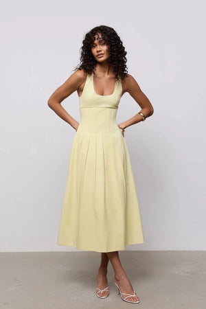 Cotton Mix Cinched Midi Dress Lemon by Odd Muse, structured midi dress with boned bodice and full skirt
