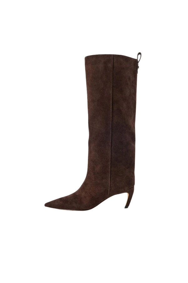 Nadia Choc Suede by Alias Mae, knee-high suede boot with pointed toe and curved heel, perfect for elevated day or evening wear
