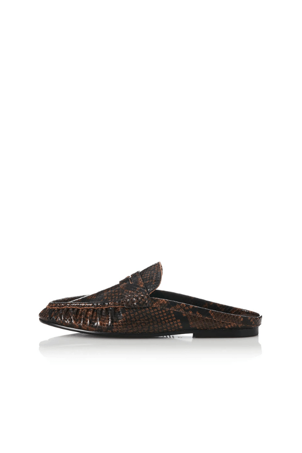 Ivy Choc Snake by Alias Mae, backless leather loafers with a chic chocolate snake texture, blending polish and modern ease.