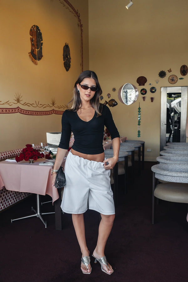 Jaz 3/4 Sleeve V Neck Jersey Top Black by Sneaky Link, sculpted V neck top with stretch fit, perfect for everyday or night out styling