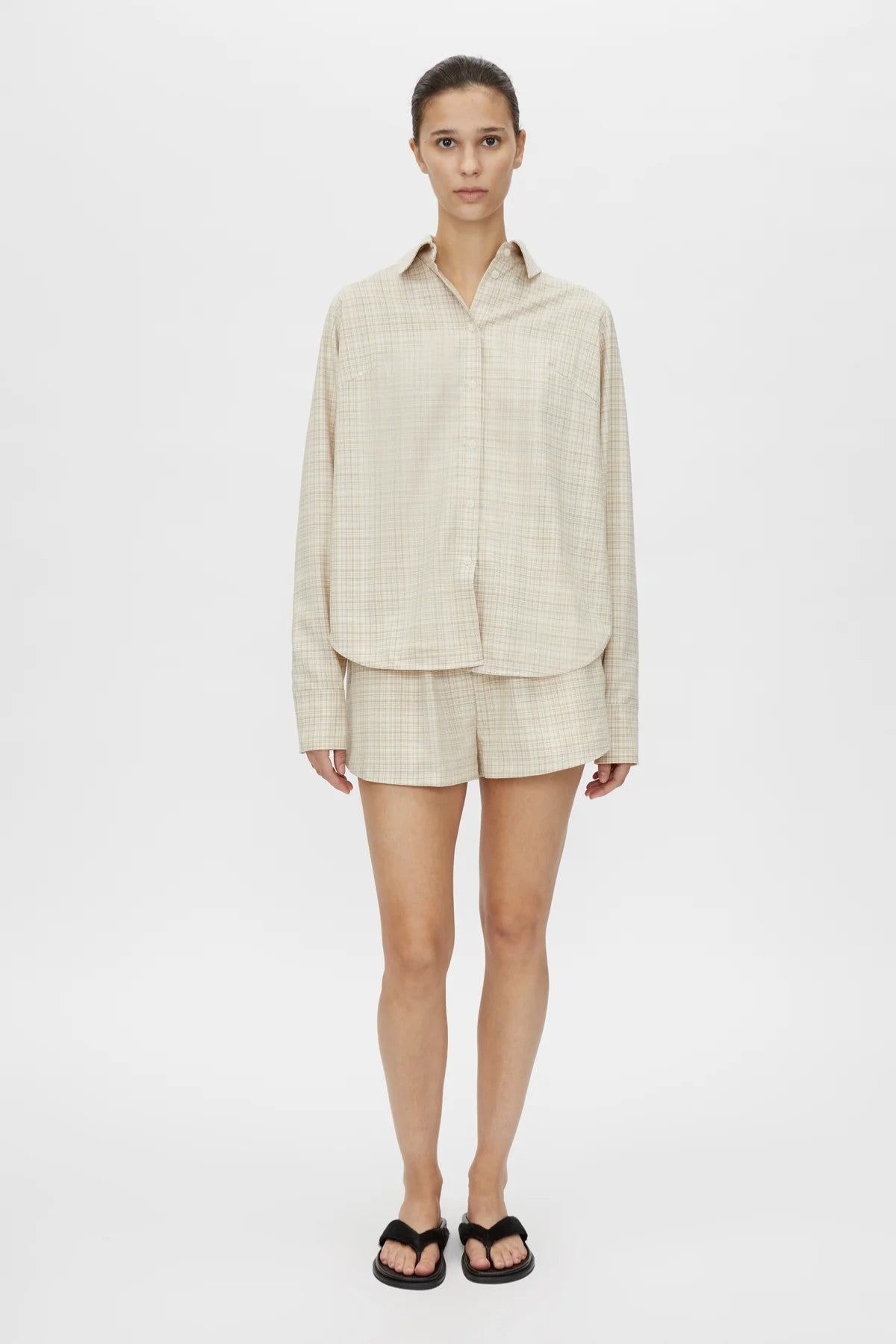 Modulo Shirt Sand Check by Camilla and Marc, oversized check shirt with refined tailoring, perfect paired with the matching shorts.