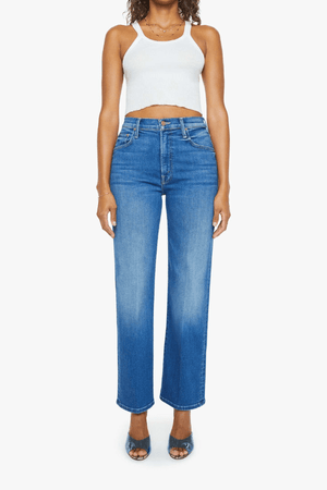 The Rambler Zip Flood Nip In The Bud by MOTHER, trendy high-rise jeans with a wide straight leg and cropped, clean hem. Perfect for a laid-back, polished look in mid-blue with subtle fading and whiskering.