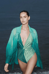 Lulu Shirt Evergreen by Baobab – a sheer shirt with button front and silky drape. Perfect for layering or resort styling.