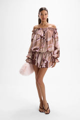 Chloe Mini Dress Deco Mocha by Cin Cin, off shoulder satin mini dress in mocha print, perfect for resort evenings