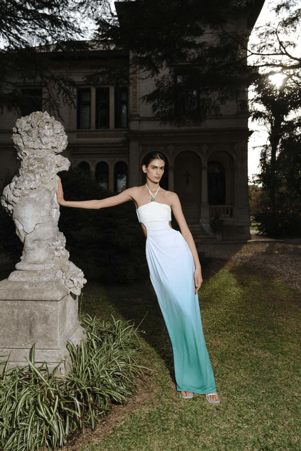 Nao Maxi Dress Ripe by Baobab – A trendy, elegant maxi with halter neck, sleek cutouts, ruched detailing, and side slit, perfect for special occasions.