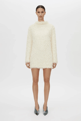 Frieze Mini Dress Cream by Camilla and Marc – Trendy mini with mock neck, removable scarf, and flared extra-long sleeves; perfect for chic day-to-night style.
