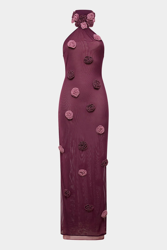 Mesh Rose Asymmetric Dress Purple by Oséree - asymmetric dress with mesh rose detailing and sculpted silhouette, perfect for summer events.