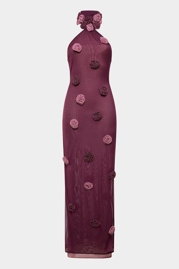 Mesh Rose Asymmetric Dress Purple by Oséree - asymmetric dress with mesh rose detailing and sculpted silhouette, perfect for summer events.