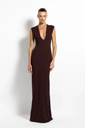 Analie Gown Coffee by Effie Kats, deep V neck maxi dress with sleek fit, perfect for formal events and evening styling