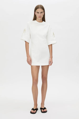 Eviva Mini Dress Soft White by Camilla and Marc, sculptural white mini with bold shoulders and intricate beaded detailing.
