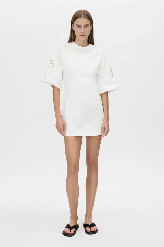 Eviva Mini Dress Soft White by Camilla and Marc, sculptural white mini with bold shoulders and intricate beaded detailing.