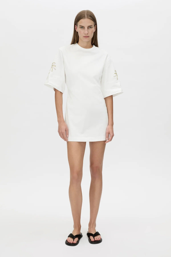 Eviva Mini Dress Soft White by Camilla and Marc, sculptural white mini with bold shoulders and intricate beaded detailing.