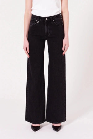Eva Wide French Black by Neuw Denim, mid-rise tailored A-line with wide leg, flattering long 32” inseam, comfy stretch cotton, perfect for chic casual looks.