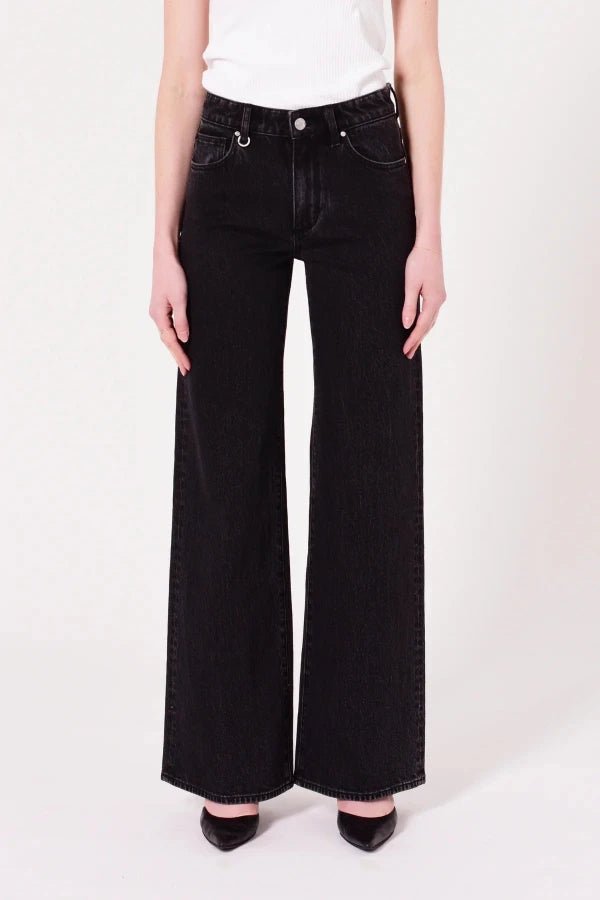 Eva Wide French Black by Neuw Denim, mid-rise tailored A-line with wide leg, flattering long 32” inseam, comfy stretch cotton, perfect for chic casual looks.
