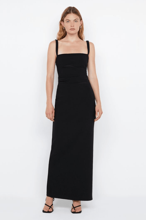 Leora Tuck Maxi Dress Black by Bec + Bridge – A sleek, figure-flattering maxi with delicate straps, waist tucks, and a chic side leg split. Perfect for elegant occasions.