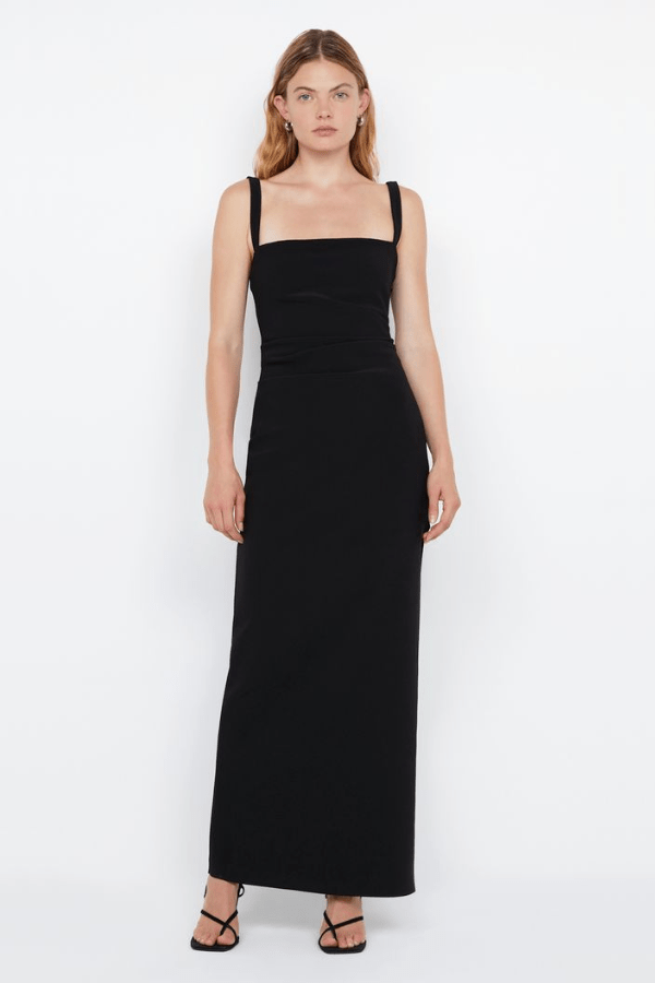 Leora Tuck Maxi Dress Black by Bec + Bridge – A sleek, figure-flattering maxi with delicate straps, waist tucks, and a chic side leg split. Perfect for elegant occasions.