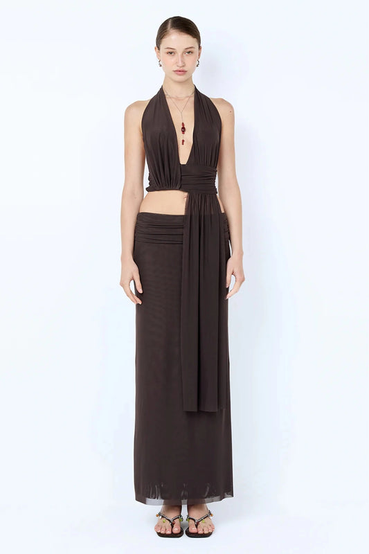 Eva Drape Top by Bec and Bridge, dark chocolate mesh halter top with deep plunge and elegant sash draping.