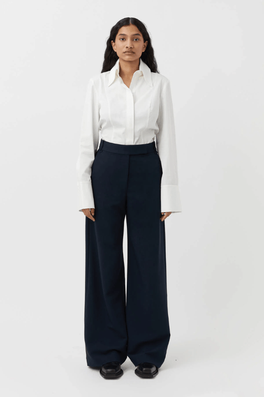 Bostan Tailored Pant Navy by Camilla and Marc, mid-rise with front press lines and straight-leg cut, a polished staple for refined office-to-evening dressing.