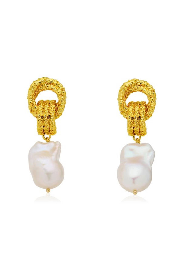 Mirage Earrings by Amber Sceats - gold statement earrings with freshwater pearls and sculptural knot detail, designed for elevated styling.