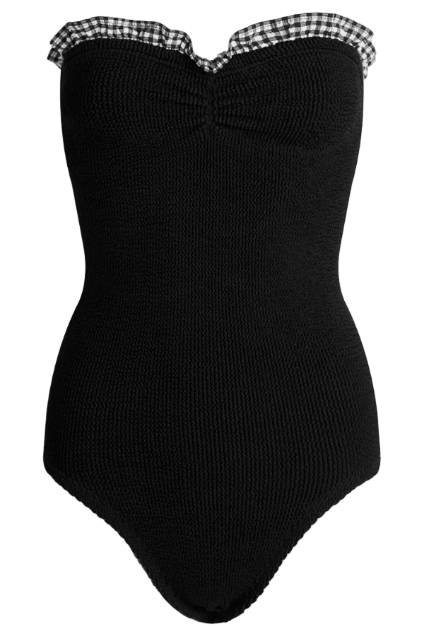 Dolly Bandeau Swimsuit Black by Hunza G – Strapless one-size swimsuit with ruched neckline and gingham texture for timeless poolside elegance.
