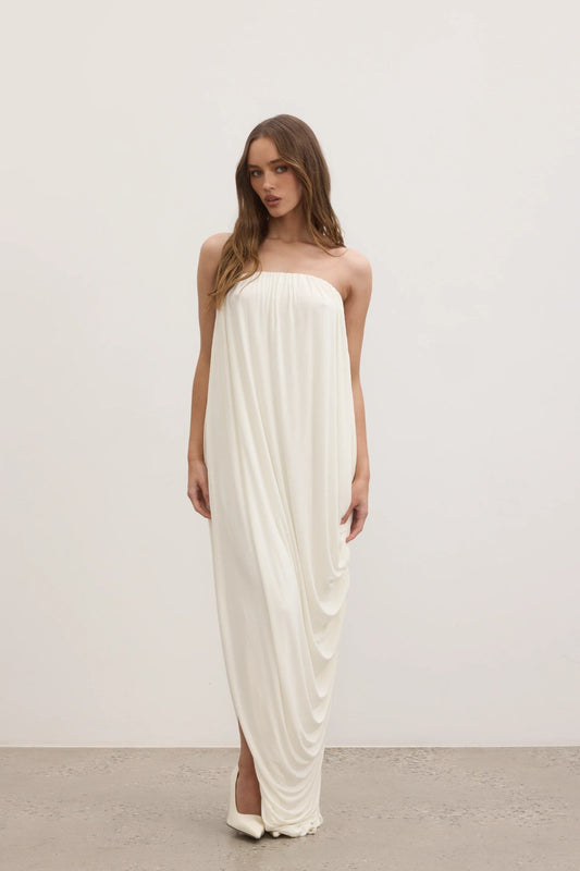 ChatGPT said:

Callista Maxi Dress Ivory by Bayse, strapless draped silhouette with ruched back and side split for effortless summer elegance.