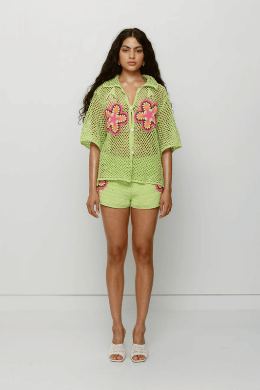 Elke Crochet Short Lime by The Wolf Gang, artisan-made cotton shorts with floral crochet detail, perfect paired or styled solo for sunny days.