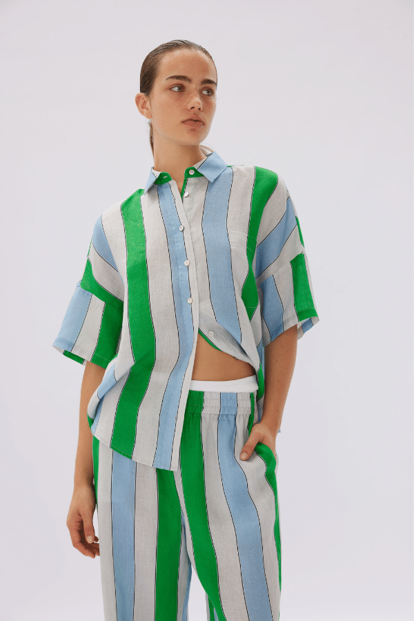 LMND | Marala Short Sleeve Linen Shirt Stripe Verde/Azure | Girls With Gems