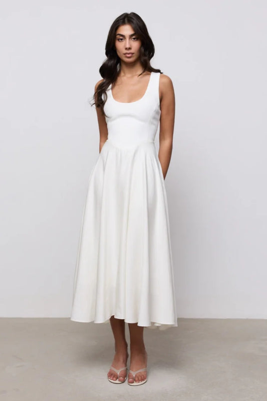Linen Mix Midi Dress Ecru by Odd Muse – sleeveless midi dress with scoop neckline and signature waist cinch.