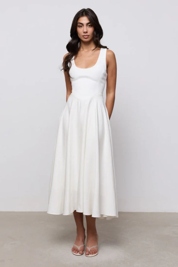 Linen Mix Midi Dress Ecru by Odd Muse – sleeveless midi dress with scoop neckline and signature waist cinch.